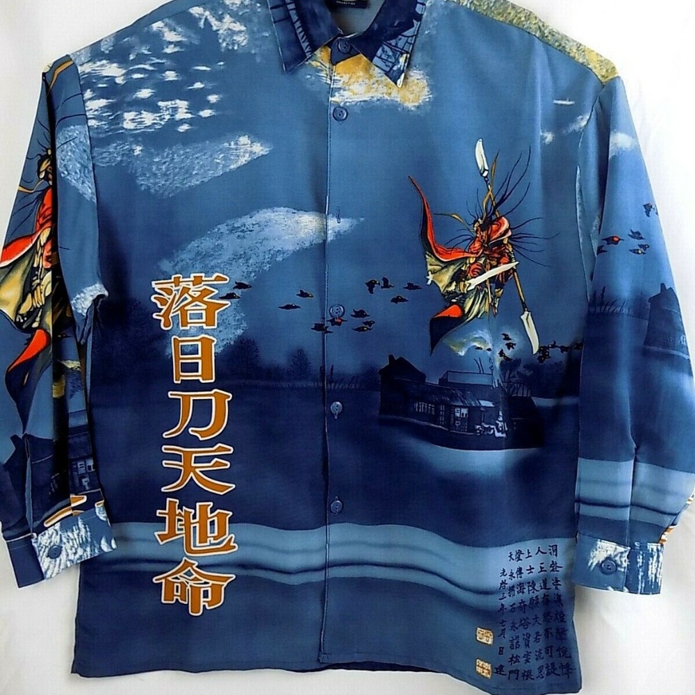 Fox Collection Mens Size L Blue Button Asian Theme